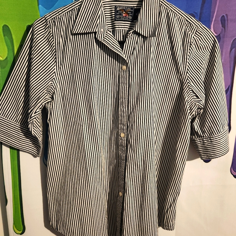 Medium, American Living, Navy Blue and White Striped Shirt